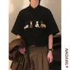 Camisa de Pana de Manga Corta Estilo Universitario Retro Americano de Verano Bordada con Gato para Hombre Versátil Casual