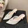 Sandálias de Renda Floral em Tela de Verão 2026 para Mulheres, Decote Baixo, Strass, Tira Única, Salto Agulha, Sandálias de Salto Alto da Moda para Mulheres