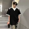 Camiseta Preta Estilo Americano Falsa Duas Peças Ombro Acolchoado Masculina Verão Nicho Desconstruída Rebite Patchwork Manga Curta Corte Limpo Manga Curta