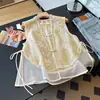 Qualidade Garantida Verão Amigo da Pele Seda Elegante Meia-Idade Novo Estilo Chinês Botões Feitos à Mão Gola Alta Bordado Colete para Mulheres