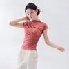 Nuevo conjunto de práctica de baile para mujer con cuello semi-alto, manga corta, top plisado, corte ajustado, adecuado para deportes, yoga y actuaciones