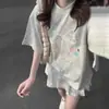 Camiseta Dopamina Laço Cinza Mescla Algodão Puro Ombro Caído Tamanho Plus para Mulheres, Top Chic Nicho de Verão Tamanho Plus