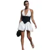 Vestido de Verano Cruzado con Bloques de Color Blanco y Negro, Cuello Halter, Escote en V Profundo, Ceñido a la Cintura, Corte A, Espalda Descubierta, Atado, Vestido de Patchwork para Mujer al por Mayor