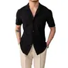 Camisa de manga corta con cuello cubano y waffles de seda helada para hombre, estilo yuppie británico, camisa de verano de media manga para hombre, estilo informal de negocios fino