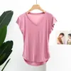 Camiseta Modal com Decote V de Manga Curta Estilo Garota Sexy Desejo Puro para Mulheres, Top Camisa Base Fina com Barra Irregular de Verão