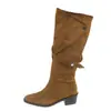 Botas Largas Retro de Piel Ante con Tacón Grueso y Punta Cuadrada para Mujer 2026 Nuevo Otoño Invierno Botas de Moda Versátiles con Hebilla Botas Arrugadas