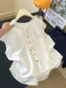 Camisa de Linho Azul com Cadarço Estilo Coreano de Manga Curta para Mulheres, Design de Verão, Camisa Babydoll Solta, Blusa Top Fina