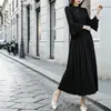 Vestido Miyake Único Elegante de Gama Alta Otoño Nuevo Cuello Redondo Mangas de Campana Cintura Alta Falda de Línea A Adelgazante Falda Elegante