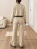Conjunto de dos piezas de punto de manga larga para mujer, superventas transfronterizo: Top de Raya con Bloques de Color y Cuello en V + Pantalones de Pierna Ancha, Corte Ajustado, Versátil, Casual