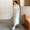 Vestido de verão vintage nicho simples cor sólida cintura solta manga bufante longa costura vestido feminino