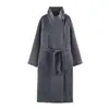 Comercio Exterior Transfronterizo Ropa para Mujer Otoño e Invierno 2025 Estilo Europeo y Americano Cuello Alto Manga Larga Cintura Ajustable con Lazo Abrigo Largo de Lana para Mujer