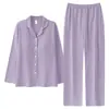 Pijama de algodón acolchado al por mayor para primavera, otoño e invierno para mujer, con mangas largas, pantalones largos, cuello de solapa, diseño de color liso y estilo casual, con envío gratis