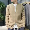 Cardigã de tricô com zíper e gola alta para primavera e outono, suéter de malha canelada vertical simples de luxo leve, blusa de cor sólida versátil casual masculina