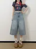 Shorts Jeans Retro de Sete Pontos Feminino Verão Novo Estilo Fino Tamanho Plus Size Meninas Cheinhas Cintura Alta Solto Versátil Calça Reta de Perna Larga