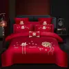 Conjunto de cama de quatro peças para casamento em algodão de fibra longa de luxo, 100% algodão, algodão puro, capa de edredom bordada para casamento, lençol de baixo e fronhas, novo conjunto de cama de seis peças para casamento