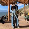 Pantalones Vaqueros de Pierna Ancha hasta el Suelo Estilo Perezoso de Mujer 2025 Artesanía Pesada Chic Vintage Pantalones Largos de Mujer Extra Largos Azul Vintage