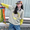 Conjunto de Ropa de Primavera para Niñas: Moda, Casual, Holgado, Elegante, Mangas con Bloques de Color, Conjunto de Dos Piezas de Top de Manga Larga y Jeans de Aspecto Dos Piezas