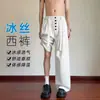 Calças listradas de seda gelada com botões estilo "old money" americano para homens, calças casuais largas e fluidas da moda de verão, perna larga, estilo Yamamoto