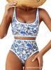 Traje de bikini cruzado europeo y americano para mujer 2025 Estampado de flores Costura de bloqueo Traje de baño de 2 piezas Cintura alta Cuello redondo bajo Nadar