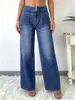 Yt06 Calça Jeans Feminina Nova Retrô Solta de Cintura Alta com Patchwork Plissado Azul Lavado Wide-Leg