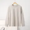 Camiseta de manga larga de color liso con cuello redondo para mujer, algodón puro, diseño con abertura, corte holgado, top favorecedor, camiseta básica versátil para otoño e invierno