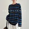 Blusa de lã, seda e Tencel para primavera e verão, top de malha listrado color block vintage de manga longa para mulheres