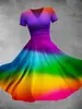 Vestido Novo Estilo Transfronteiriço para Mulheres, Vestido Colorido com Estampa Digital 3D Tie-Dye de Decote V Europeu e Americano, Vestido Feminino de Comprimento Médio Atacado
