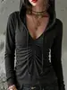 2026 Nueva Sudadera con Capucha y Escote en V de Manga Larga, Otoño Plisada Ajustada Corta Retro Americana Top de Chica Popular Ropa para Mujer