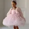 Vestido de Niña de un Año Estilo Nuevo Europeo y Americano Vestido de Malla Esponjosa con Flor Tridimensional y Lazo