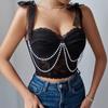 Top de encaje sexy Sweet Spice Girl con escote en V y tirantes finos con borlas de perlas para mujer, corte entallado, push-up y escote pronunciado.