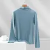 Camada base feminina de manga comprida, corte slim, que valoriza a silhueta, camiseta de manga comprida gola alta, cor sólida canelada, top fino versátil para primavera e outono