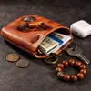 Cartera de Monedero Vintage de Piel de Vaca de Primera Capa, Bolsita para Auriculares y Llaves, Bolsita para Joyería, Riñonera, Bolsa de Almacenamiento con Cordón, Retro