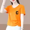 Camiseta de Manga Corta Estilo Mamá para Mujer de Comercio Exterior Transfronterizo, Elegante y Juvenil, Cuello en V con Letra, Blanca, Hombro Normal, Top Corto