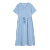 Tiro Real Vestido de Lino de Gama Alta Estilo Étnico Cuello de Oreja de Madera Cierre de Cordones Manga Corta Falda Base de Algodón y Lino para Mujer