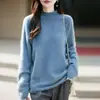 Suéter de mujer de cachemira cepillada + lana + seda de morera con dobladillo enrollado y cuello semialto, jersey de punto como capa base