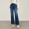 2613411 - Jeans acampanados de tiro alto, elásticos en cuatro direcciones, algodón lavado, adornados con pedrería, nuevos pantalones de mujer para principios de otoño