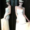 Elegante vestido blanco sin mangas de cuello halter estilo francés, vestido largo de verano elegante y de alta gama