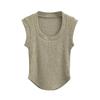 Desejo puro estilo doce e picante, camiseta feminina sexy curvada com decote em U sem mangas, nova blusa curta justa de cintura alta no início do outono