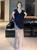 Impresionante conjunto de verano para mujer, súper elegante y juvenil, camiseta de manga corta con estampado y falda de malla conjunto de dos piezas