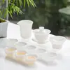 Juego Completo de Porcelana de Jade Helado Estilo Chino para Té Kung Fu, Tazas de Té de Cerámica con Patrón de Camarones, Bol de Tres Piezas con Tapa, Juego para Preparar Té en Casa