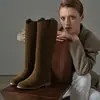 Botas de Cavaleiro de Couro Bovino de Primeira Camada para Mulheres, Botas Altas, Novas Botas de Bico Redondo e Salto Baixo para Outono e Inverno, Botas de Cano Alto para Mulheres, Botas Retas