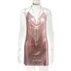 Vestido metálico AYJ de venta caliente transfronteriza para discoteca europea, escote pronunciado, espalda descubierta, tirantes de cadena, escote en V profundo, sexy y seductor