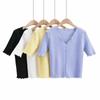 Camiseta de manga corta con cuello en V y orejas de madera, color caramelo, estilo preppy coreano, nueva para mujer, verano 2021