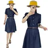 Vestido vaquero retro para mujer, de verano, entallado en la cintura, adelgazante, elegante vestido de línea A, vestido de manga corta juvenil y moderno