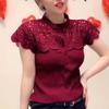 Camisa de gasa con encaje y manga corta con cuello alto, nueva camisa de moda de primavera y verano 2023, talla grande, top ajustado para mujer