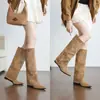 Versão em Couro Botas Longas Femininas Aumento Oculto de Altura 9cm Botas de Cavaleiro Botas de Cano Alto para Calças Outono Inverno Salto Alto Bico Fino Botas Franzidas