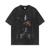 Estrela estilo estampado vintage lavado distressed T-shirt verão casual all-match marca de moda americana frouxa injeção direta digital
