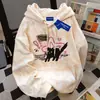 Moletom com Capuz Estampado de Gato Preto Outono/Inverno 2025 para Mulheres Divertido Desenho Animado Americano Letras Tie-Dye Roupas