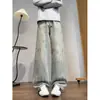 Calça jeans flare estilo americano com grafite salpicado para homens, calça larga da moda para primavera e outono, calça reta masculina de corte solto