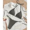 2025 Nuevo Bikini Sexy de Playa para Mujer de Color Sólido Transfronterizo Cintura Alta con Cordones Comercio Exterior Traje de Baño Europeo y Americano para Mujer